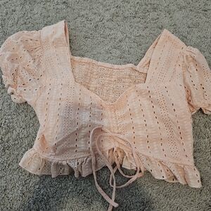 Peach Eyelet Lace-Up Crop Top